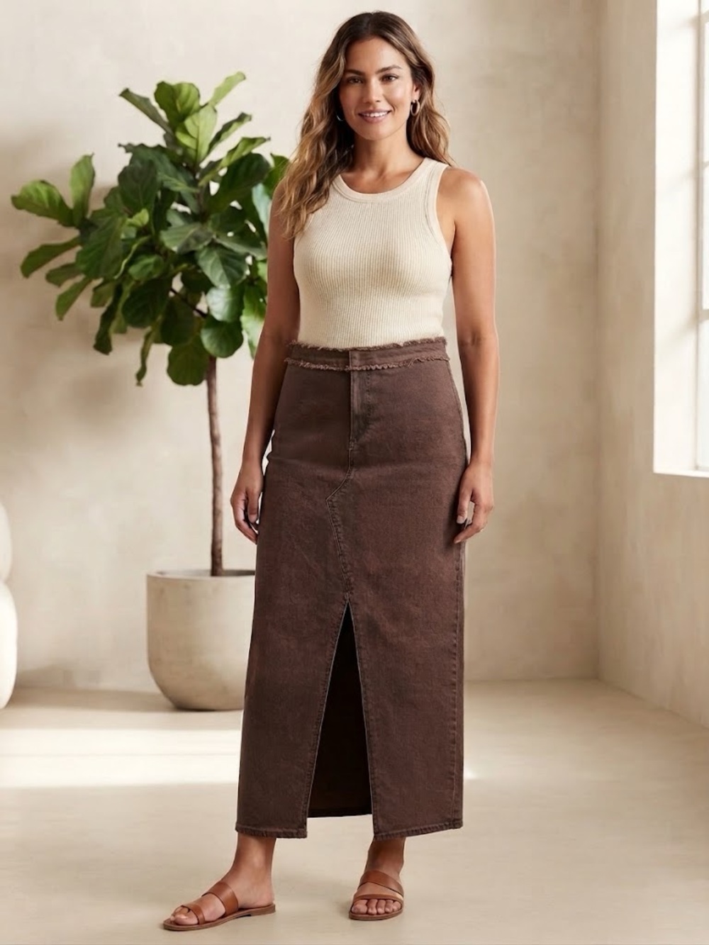 wild fable Chocolate Brown Maxi Denim Skirt with Front Slit
